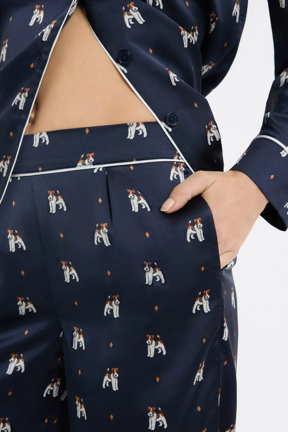 ETAM Pantalón de pijama de satén con estampado de perros IMP FD marino