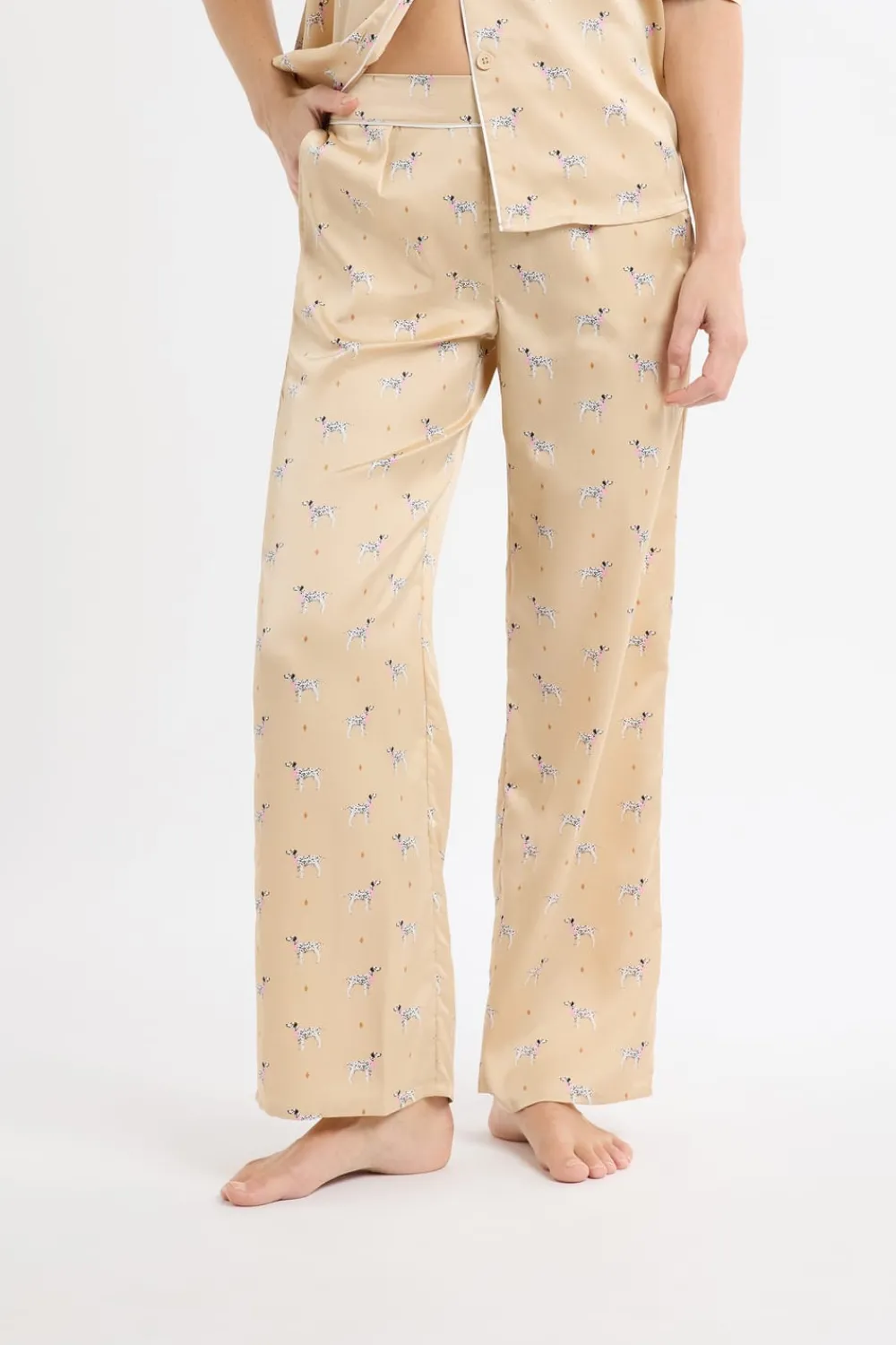 Discount ETAM Pantalón de pijama de satén con estampado de perros IMP FONDO ROSA