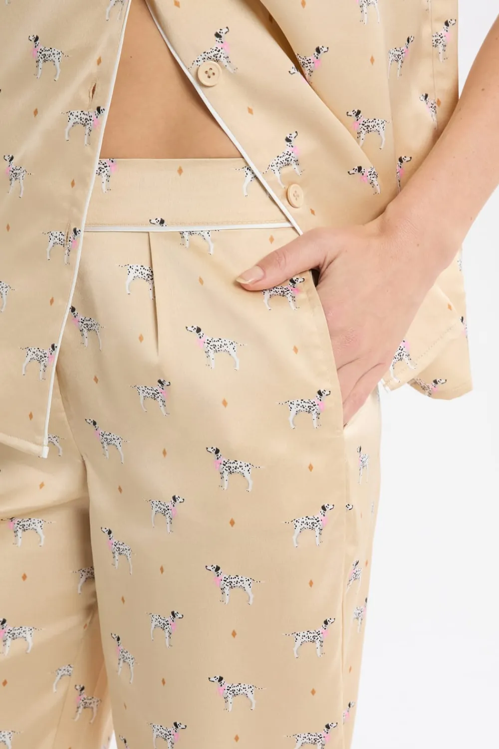Discount ETAM Pantalón de pijama de satén con estampado de perros IMP FONDO ROSA