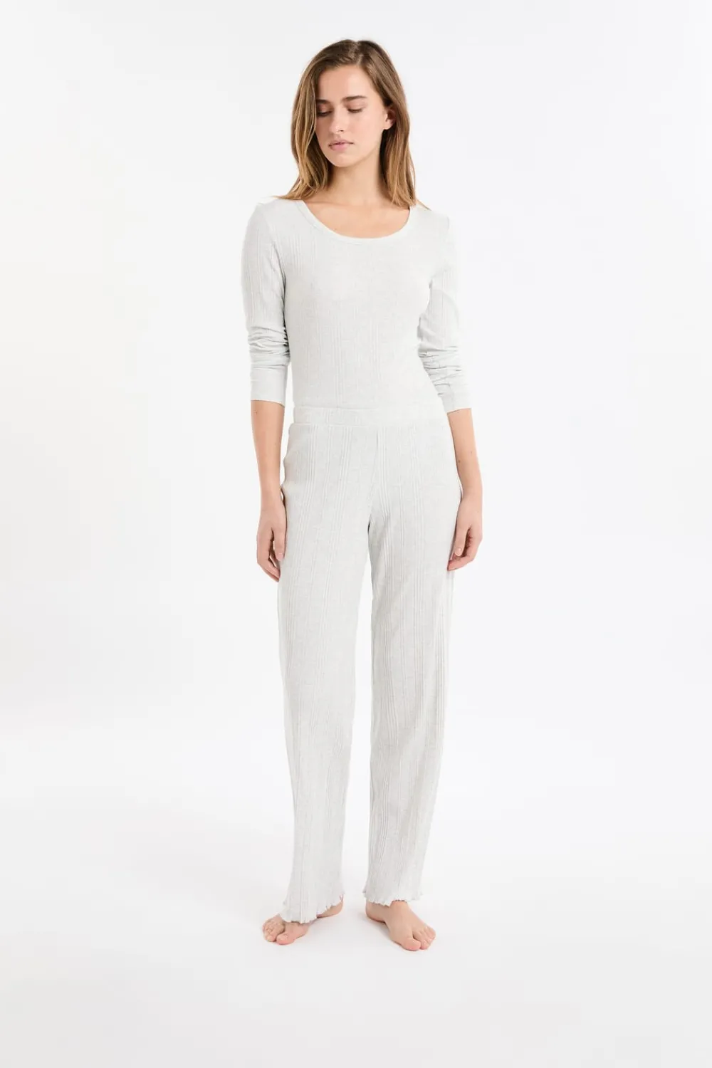 Discount ETAM Pantalón de pijama recto de algodón acanalado GRIS