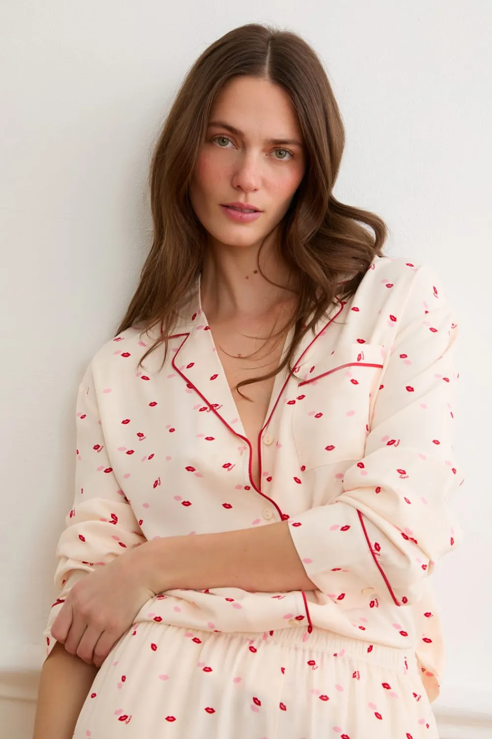 Sale ETAM Pantalón de pijama satinados con estampado de besos IMP FOND ROSA