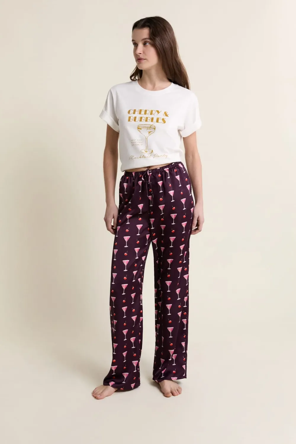 Discount ETAM Pantalon de pyjama satiné à motifs mocktails IMP FD MARRON