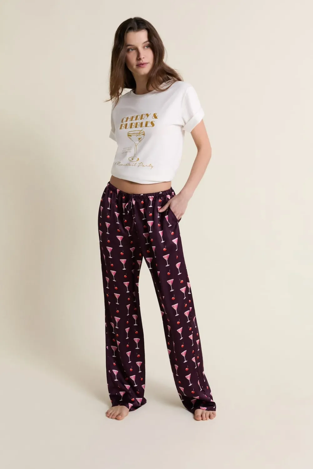 Discount ETAM Pantalon de pyjama satiné à motifs mocktails IMP FD MARRON