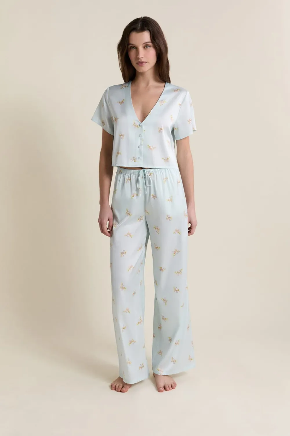 Outlet ETAM Pantalon de pyjama satiné à motifs IMP BLEU VERT