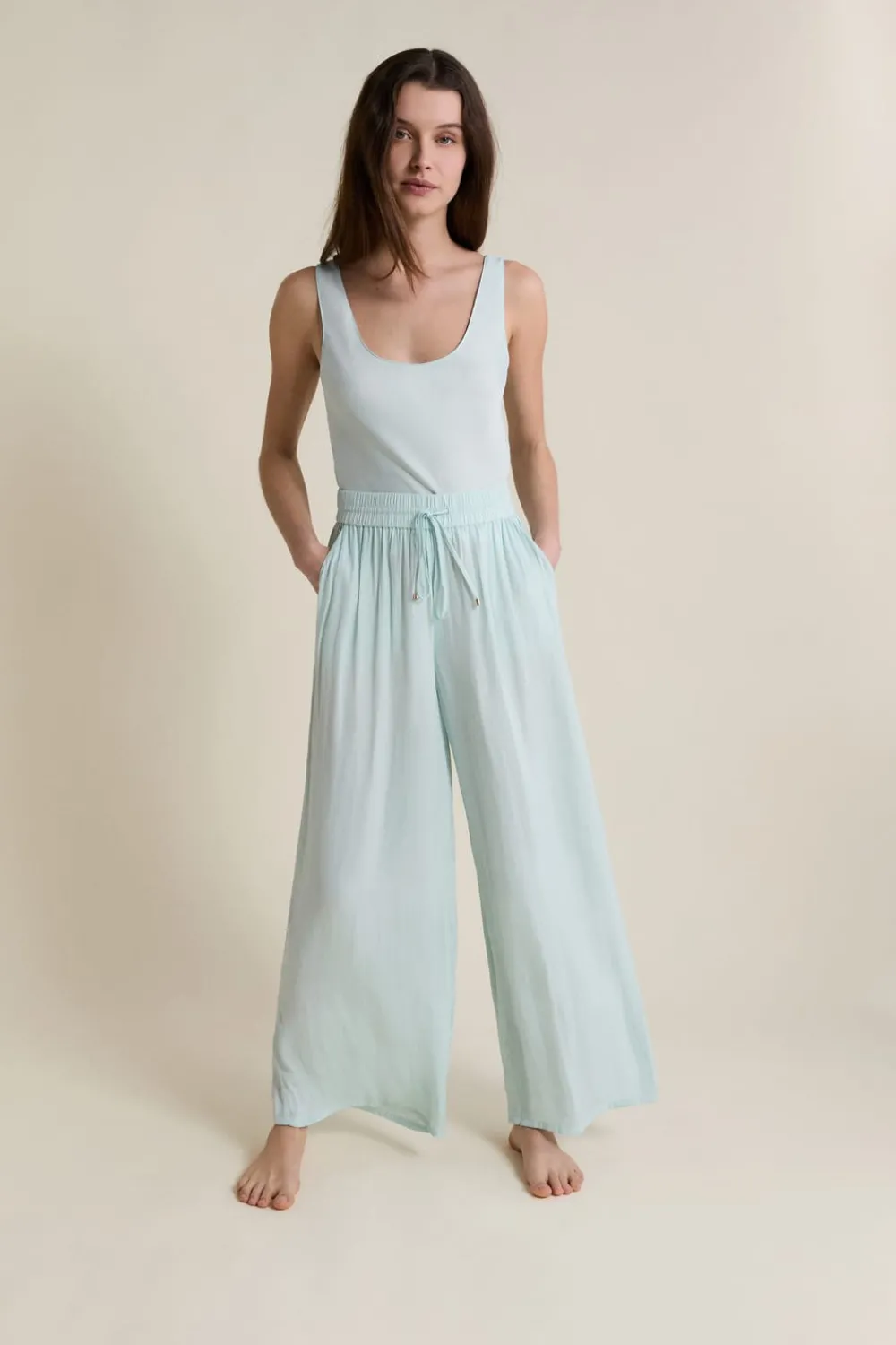 ETAM Pantalon satiné coupe large BLEU VERT