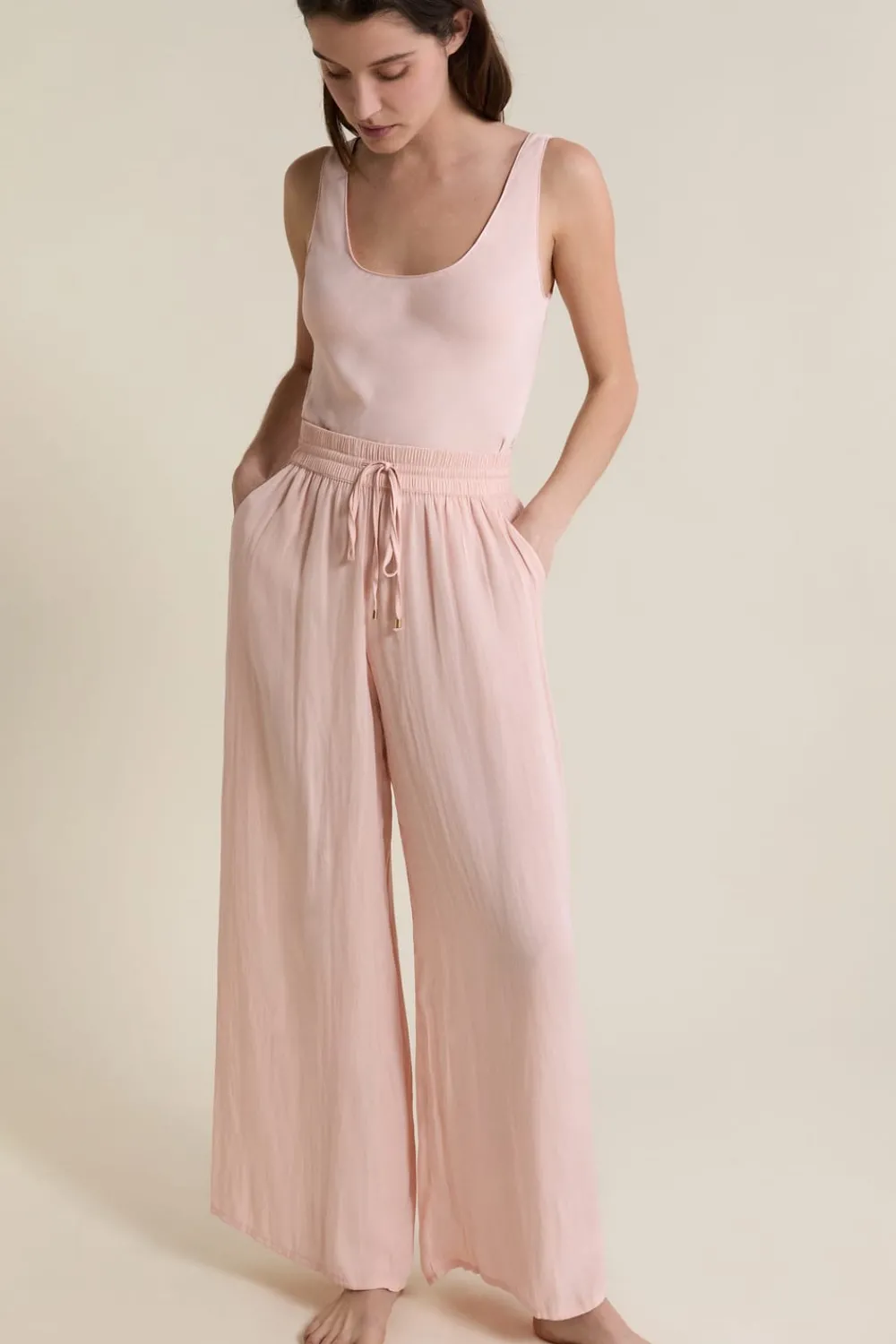 New ETAM Pantalon satiné coupe large ROSE POUDRE