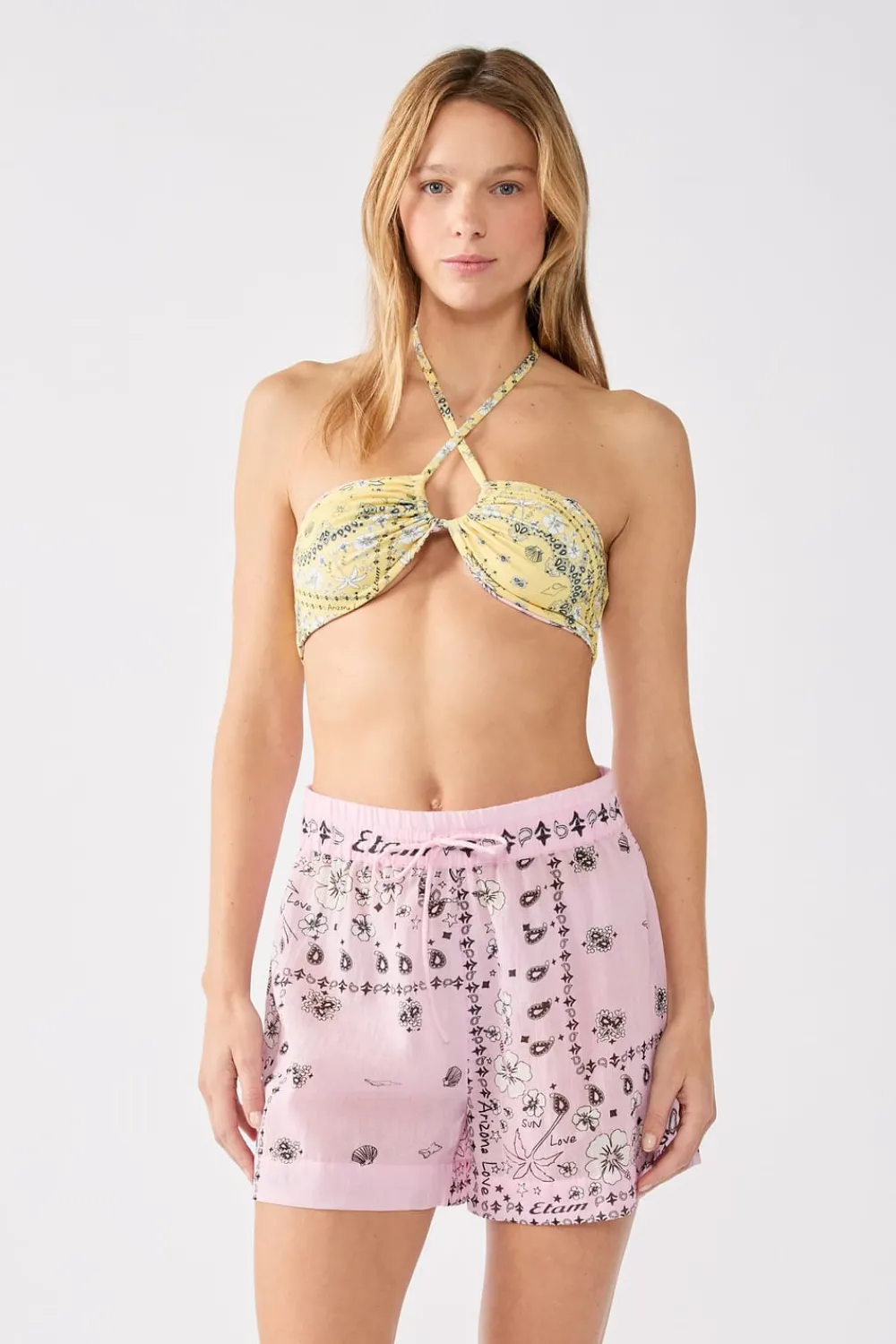 Hot ETAM Pantalones cortos de algodón estampados ESTAMPADO FONDO ROSA