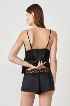 Discount ETAM Pantalones cortos de pijama satinados con detalles de encaje NEGRO