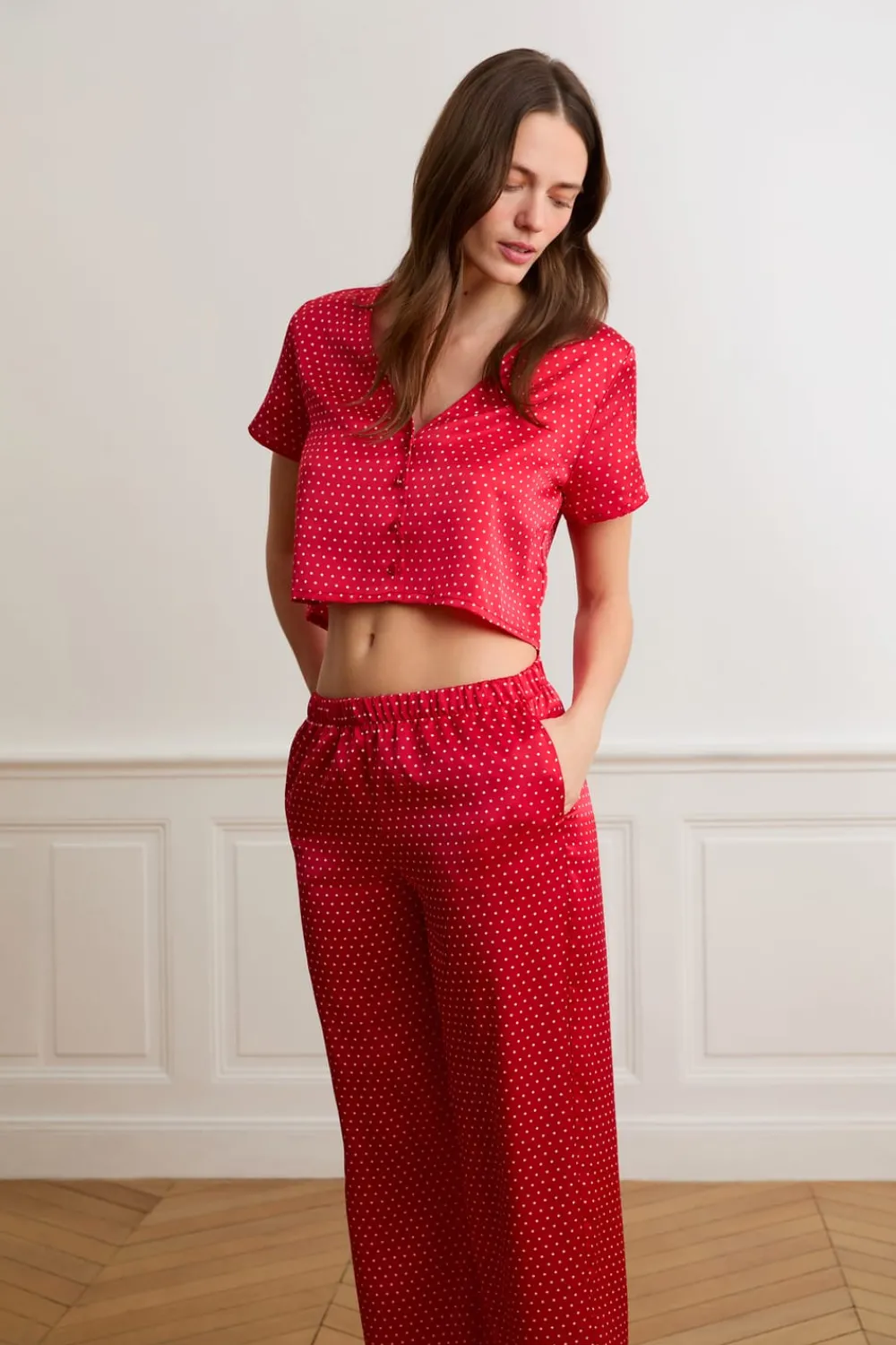 New ETAM Pantalones de pijama de satén con lunares ROJO