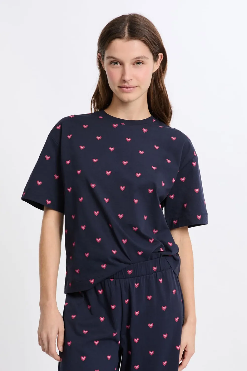 Best ETAM Pijama de 2 piezas con estampado de corazones de algodón MARINO