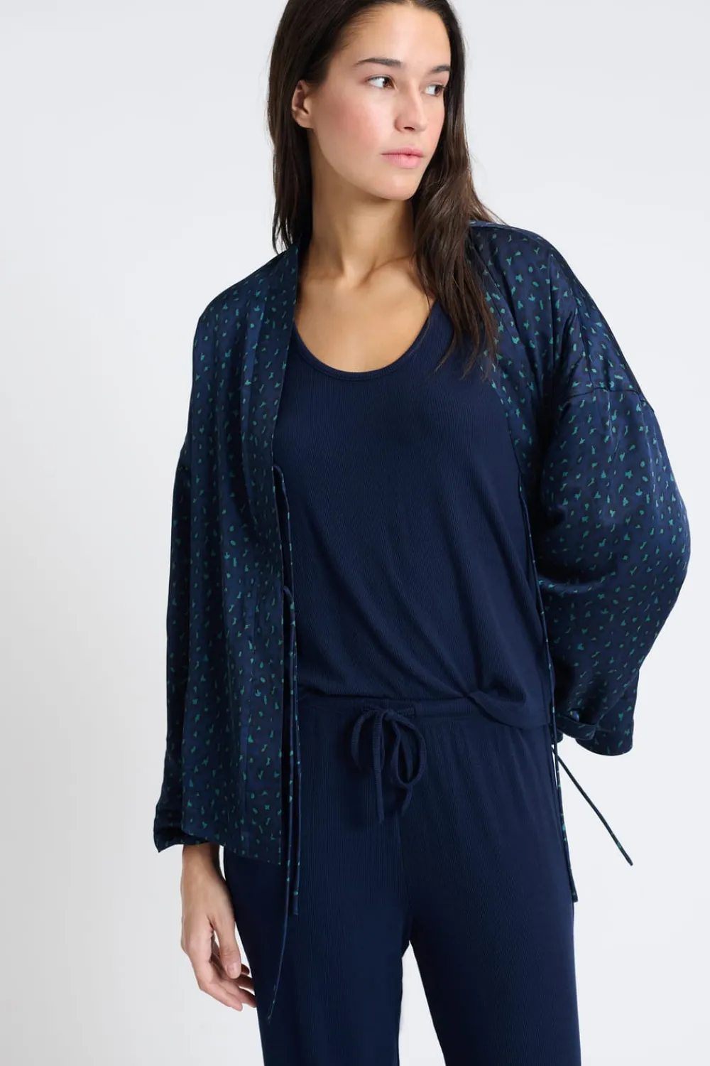 Best ETAM Pijama de tres piezas de satén AZUL OSCURO