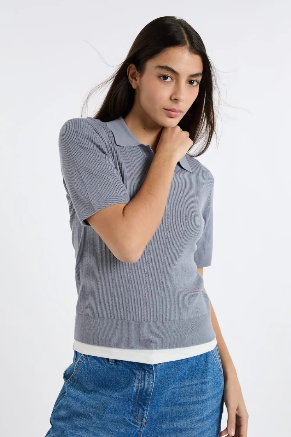 ETAM Polo de manga corta de punto fino GRIS