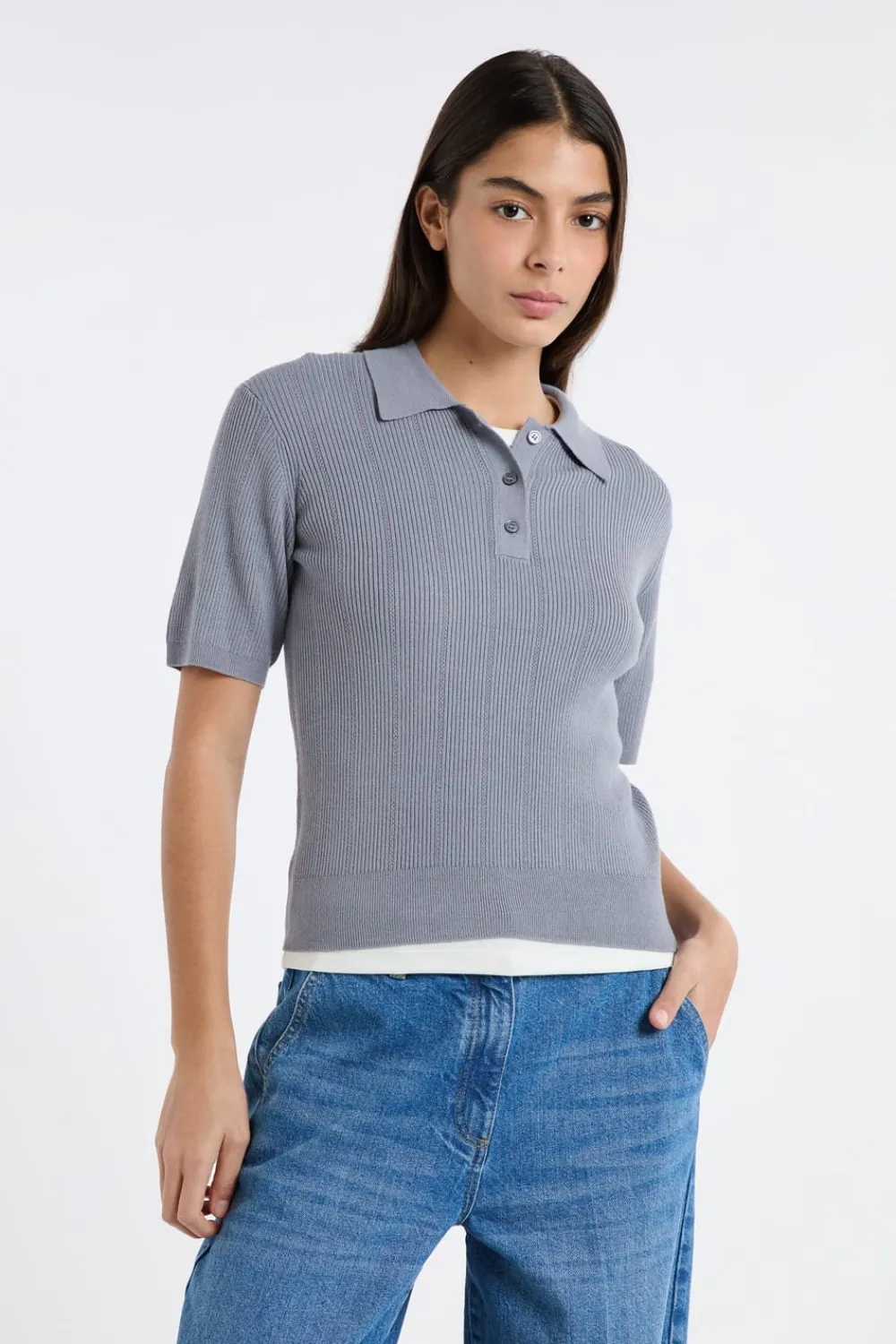 ETAM Polo de manga corta de punto fino GRIS