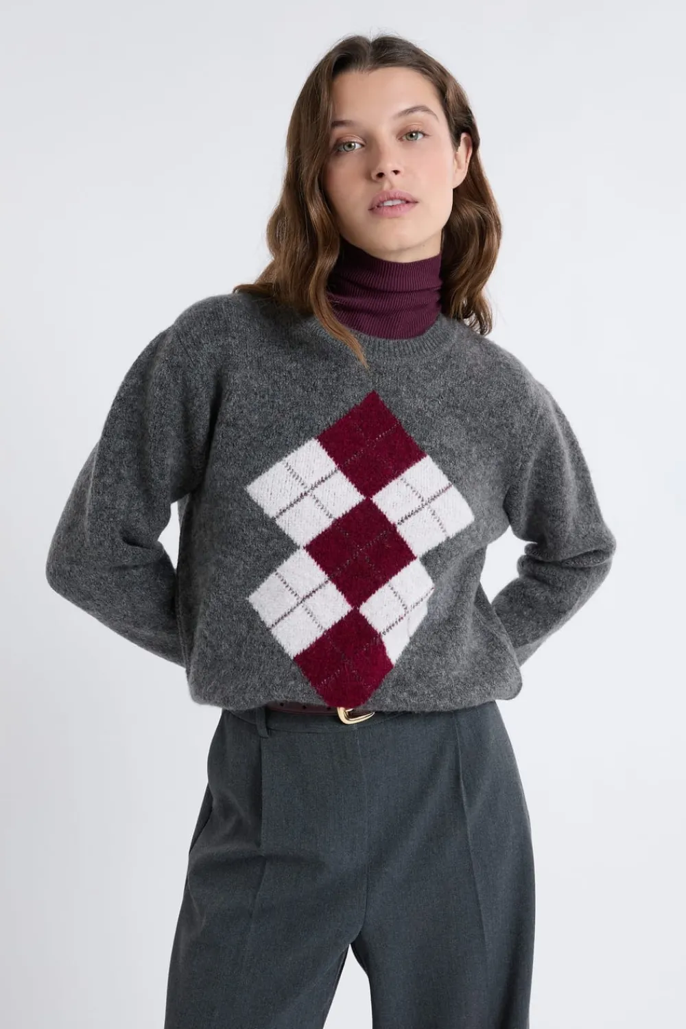 Best ETAM Pull col rond à motifs GRIS CLAIR