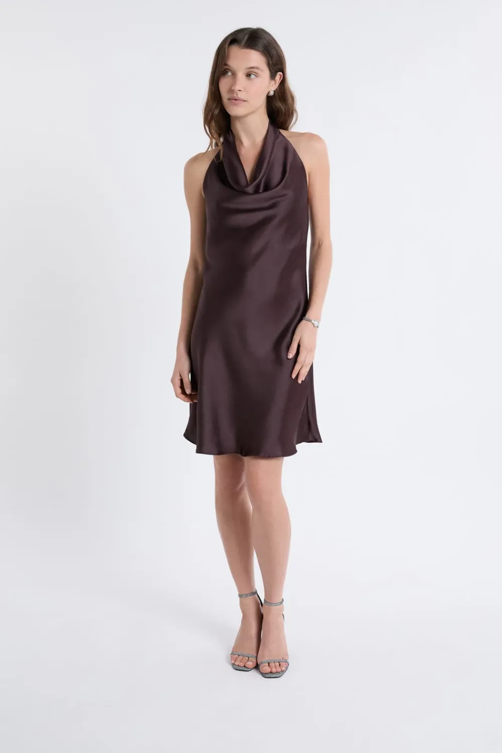 Sale ETAM Robe satinée avec col benitier MARRON