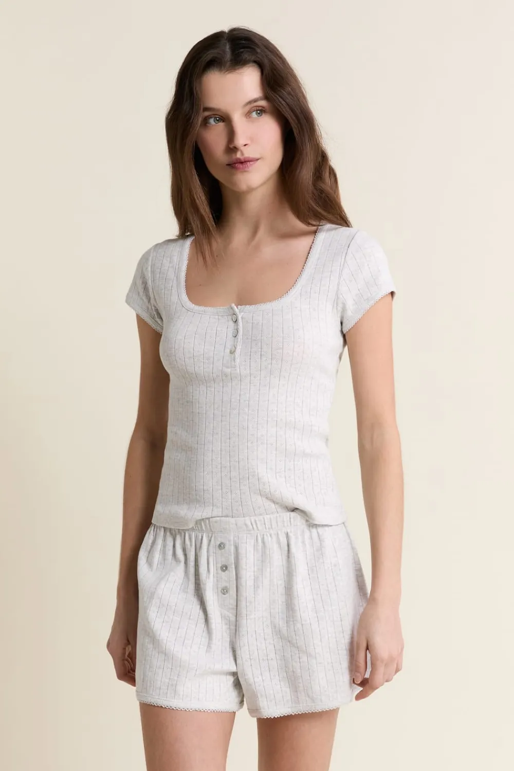 Sale ETAM Short de pyjama en coton en pointelle GRIS