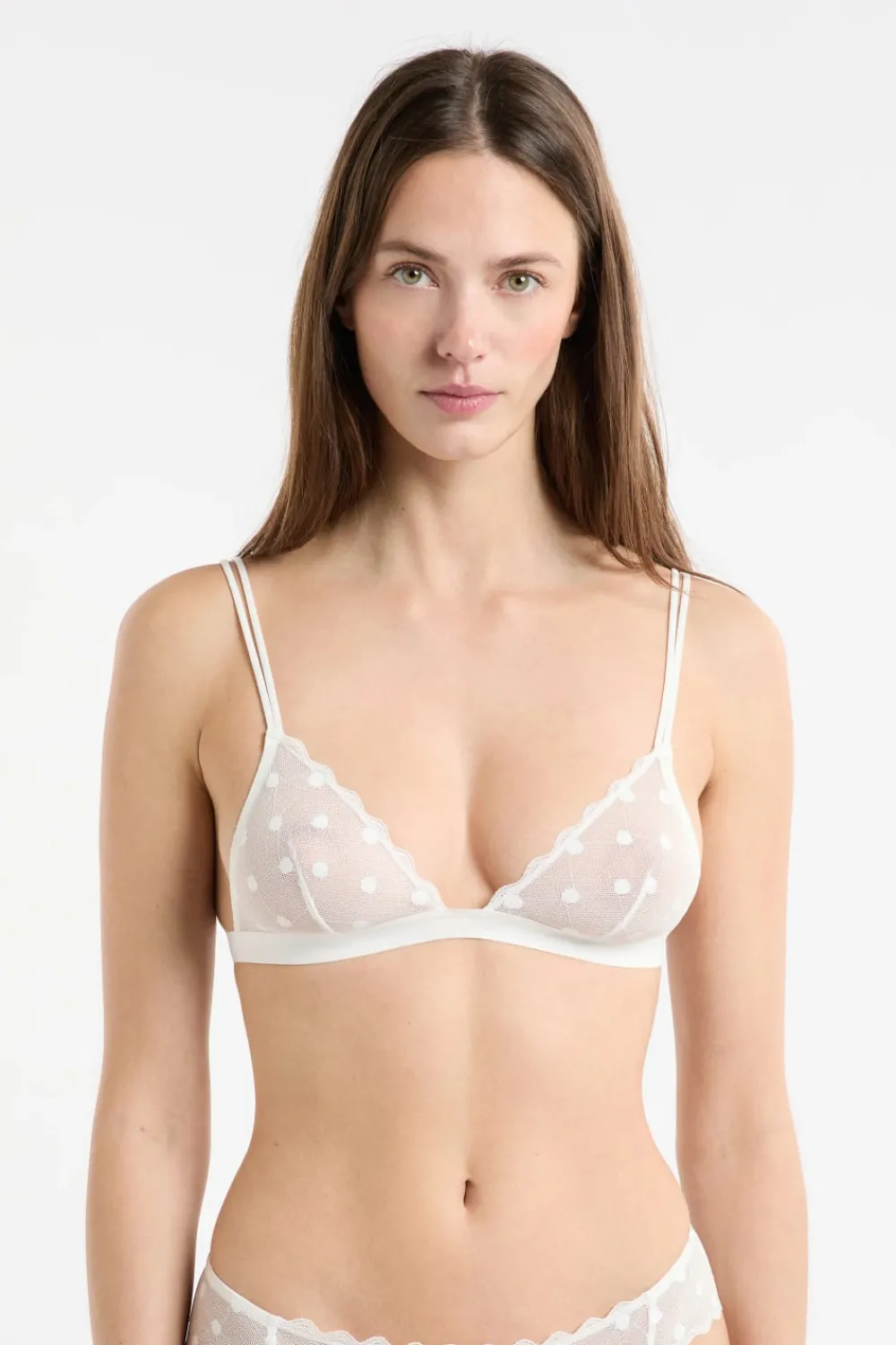 ETAM Soutien-gorge triangle en tulle à motifs pois ECRU