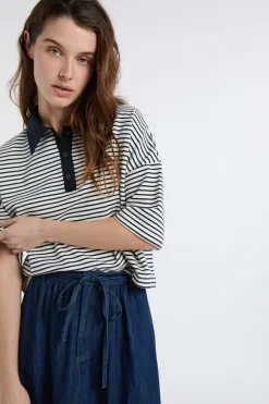 Best ETAM Sudadera de algodón con cuello polo a rayas TINTA