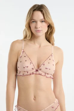 Discount ETAM Sujetador triangular de tul con motivos bordados rosa nude