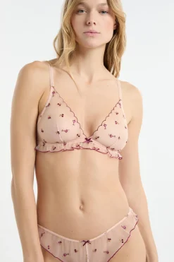 Discount ETAM Sujetador triangular de tul con motivos bordados rosa nude