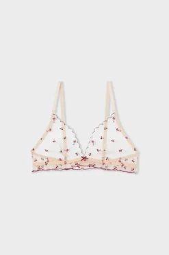 Discount ETAM Sujetador triangular de tul con motivos bordados rosa nude