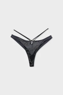ETAM Tanga de encaje bordado NEGRO