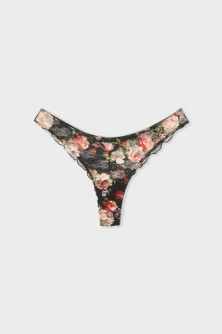 Clearance ETAM Tanga de encaje con estampado floral NEGRO