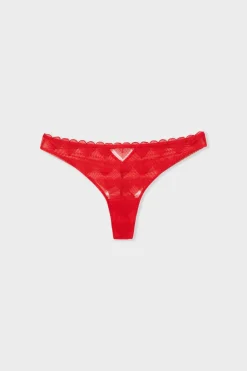 New ETAM Tanga de encaje con motivos de corazones ROJO