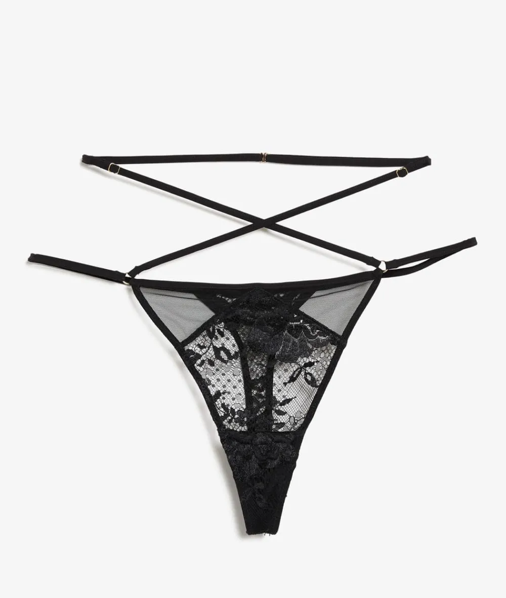 Hot ETAM Tanga de encaje francés NEGRO