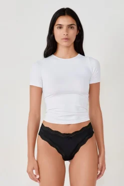 Sale ETAM Tanga de microfibra con borde de encaje NEGRO