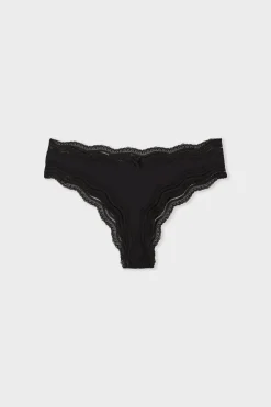 Sale ETAM Tanga de microfibra con borde de encaje NEGRO