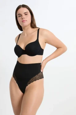 ETAM Tanga de talle alto moldeador con detalles de encaje - Sujeción media NEGRO