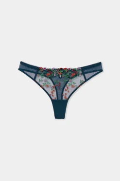 Outlet ETAM Tanga de tul bordado AZUL PETRÓLEO