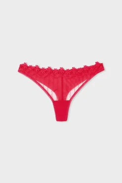 Discount ETAM Tanga de tul con bordado floral FUCSIA