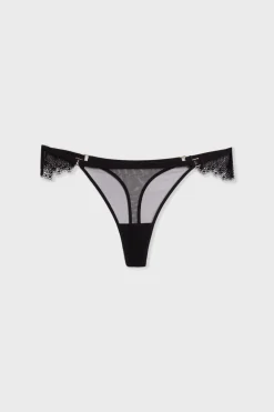Clearance ETAM Tanga de tul con detalle de encaje NEGRO