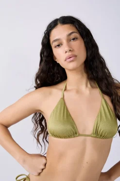 ETAM Top bikini triangular tejido brillante ANIS