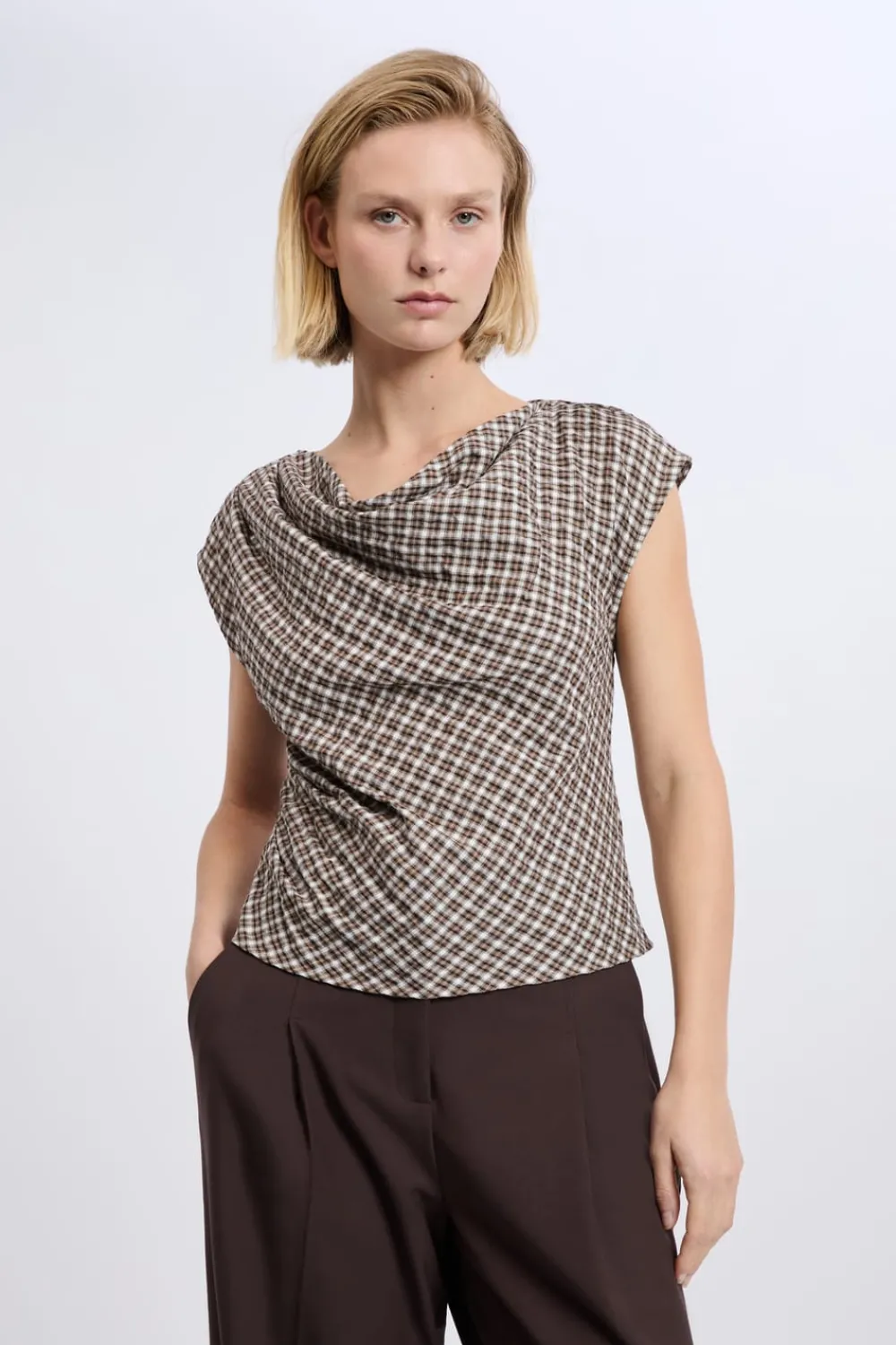 Sale ETAM Top col bénitier à carreaux BEIGE