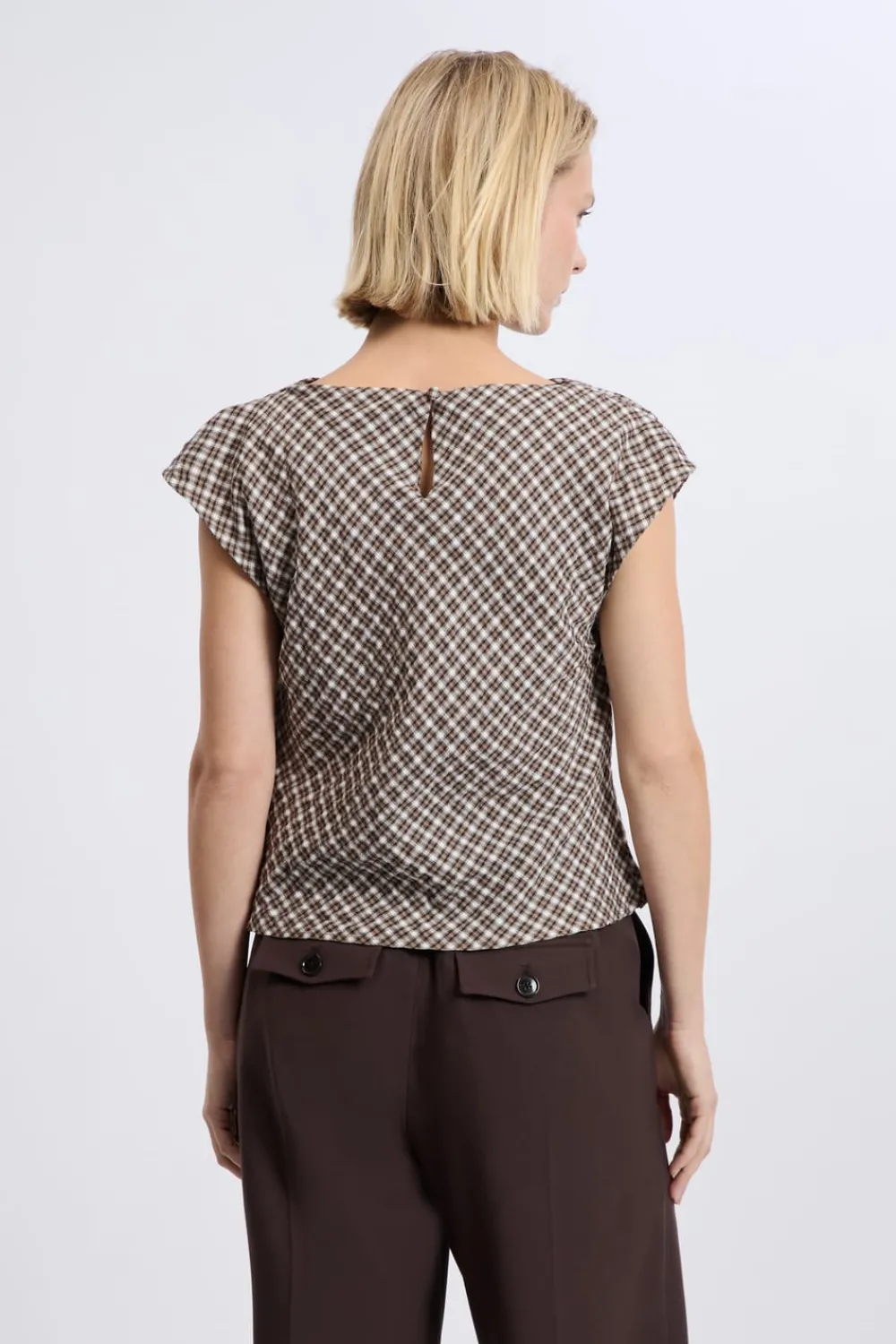 Sale ETAM Top col bénitier à carreaux BEIGE