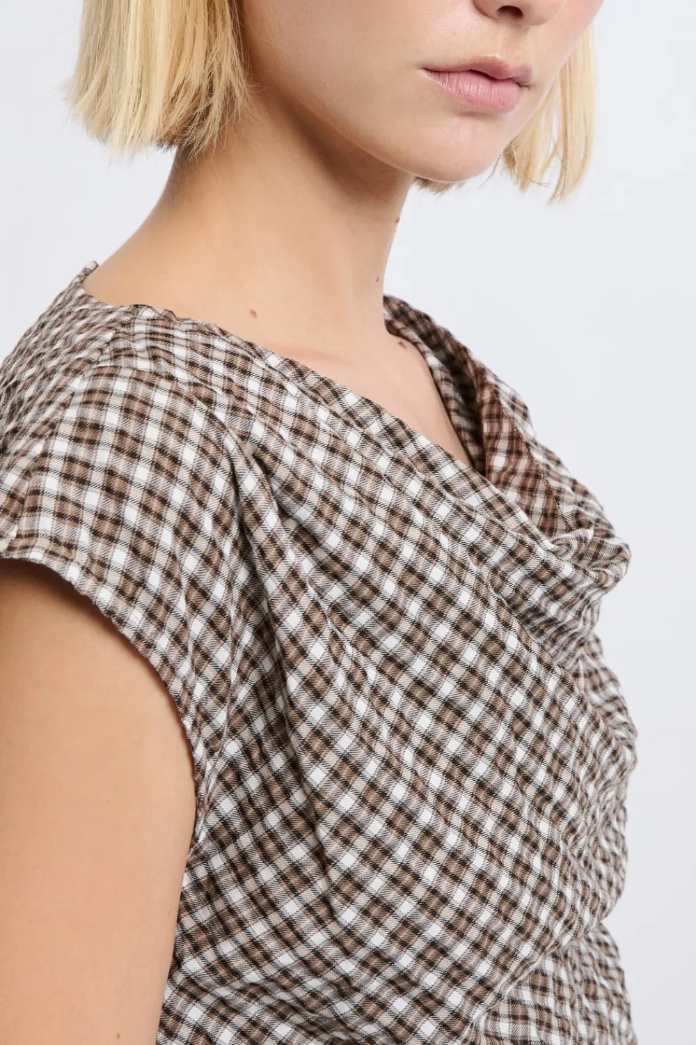 Sale ETAM Top col bénitier à carreaux BEIGE