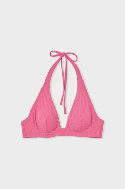 ETAM Top de bikini triangular de tejido brillante con aros ROSA