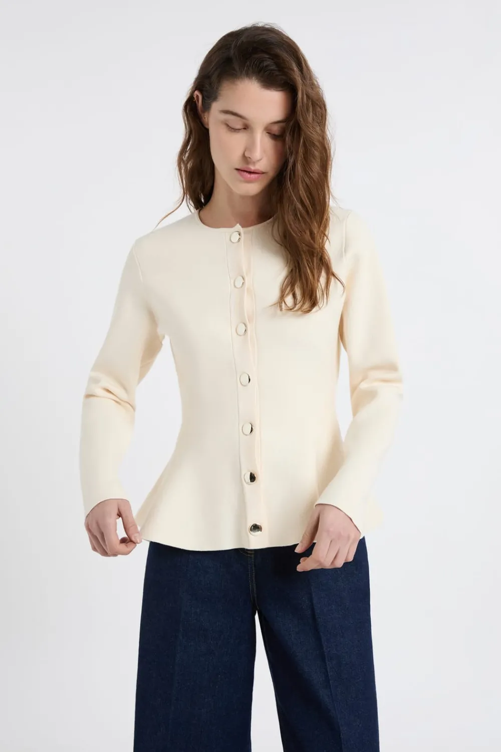 Hot ETAM Top de manga larga con botones dorados lino