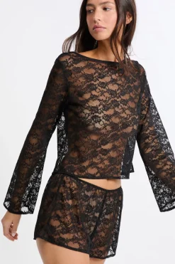 Best ETAM Top de manga larga de encaje transparente NEGRO