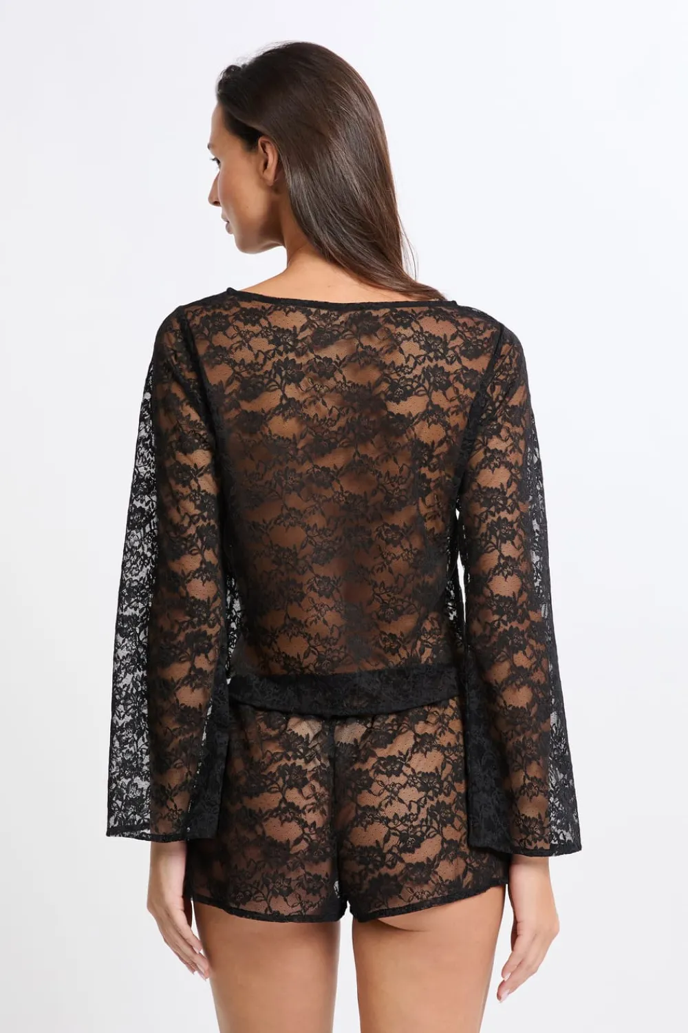 Best ETAM Top de manga larga de encaje transparente NEGRO