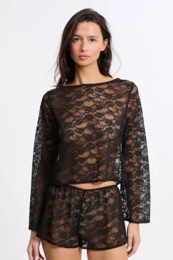 Best ETAM Top de manga larga de encaje transparente NEGRO