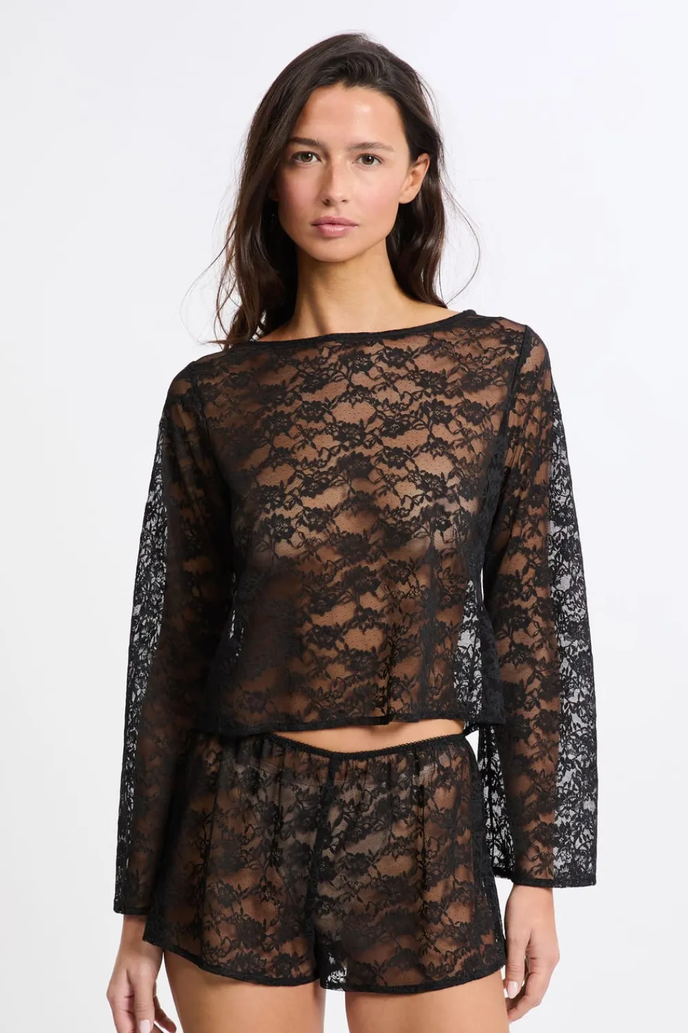 Best ETAM Top de manga larga de encaje transparente NEGRO