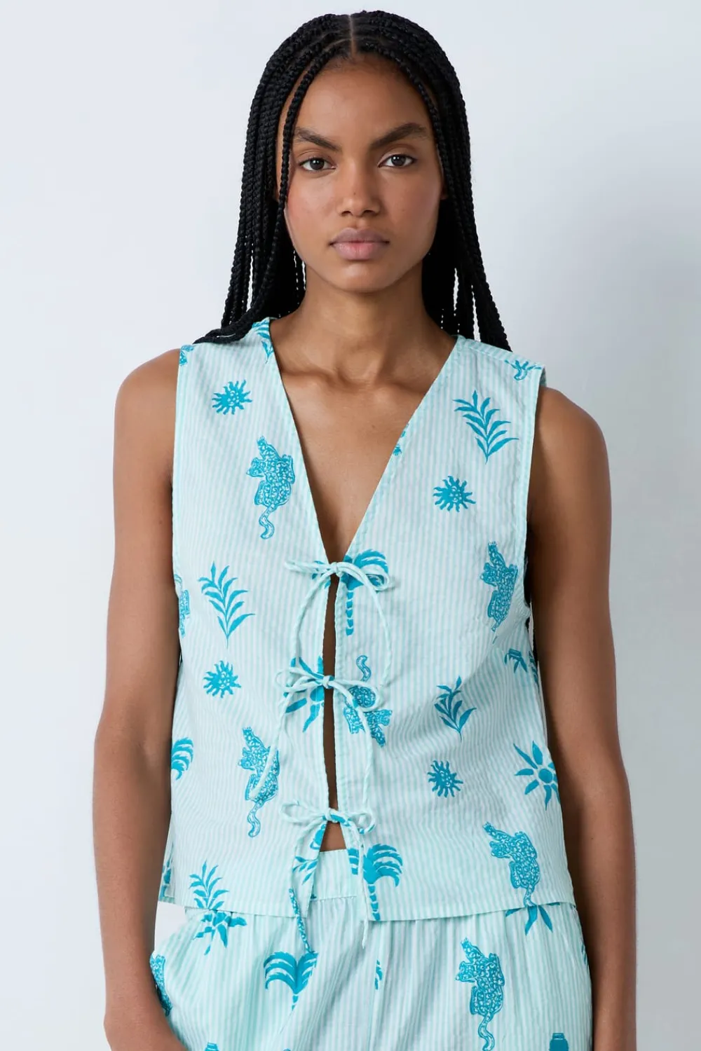 Discount ETAM Top de pijama de algodón con estampado y lazos delanteros ECRU