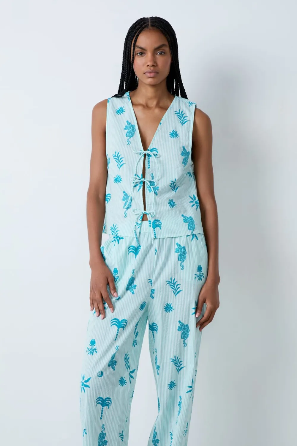 Discount ETAM Top de pijama de algodón con estampado y lazos delanteros ECRU