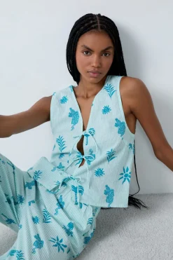 Discount ETAM Top de pijama de algodón con estampado y lazos delanteros ECRU