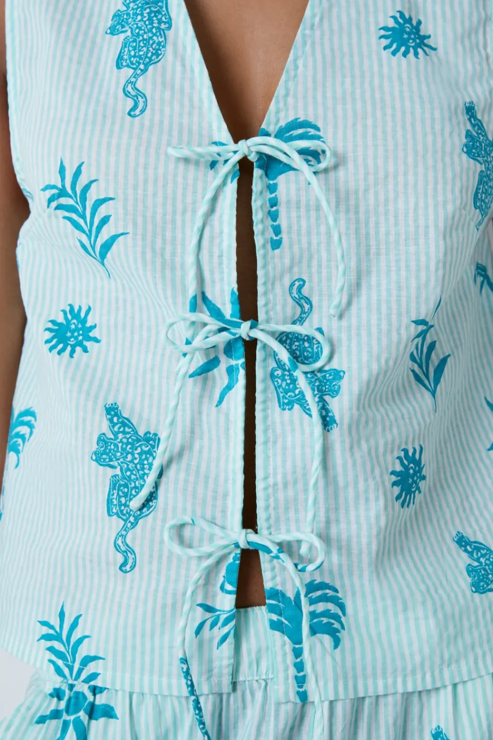 Discount ETAM Top de pijama de algodón con estampado y lazos delanteros ECRU
