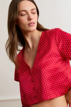 Hot ETAM Top de pijama de satén con lunares ROJO